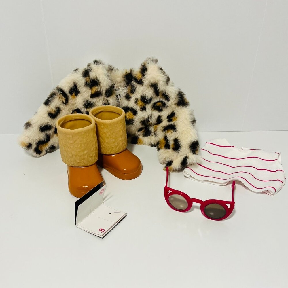 Our Generation Doll Outfit Travel Chic Jacket, Boots, Glasses, Passport